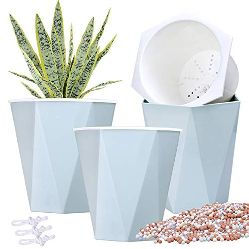3pcs 7.8" Self Watering Pots Flower Pots Indoor Planters Garden Pots Modern Blue Planter Pot for Herb, African Violet, Succulents, Plant, etc.