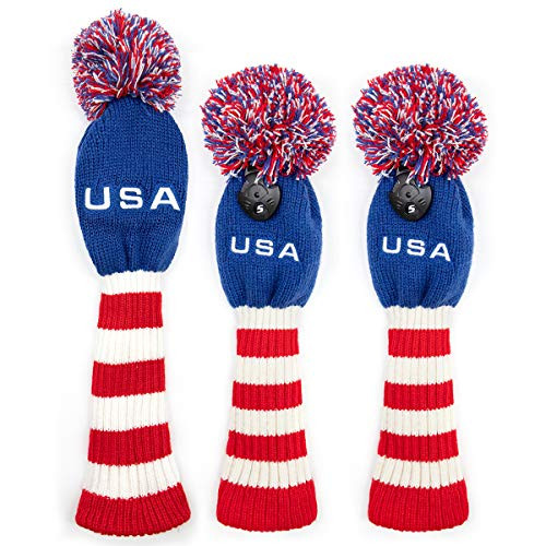 USA Golf Head Covers,Golf Club Head Covers 3pcs POM POM Golf Driver Covers Golf Fairway Wood Cover Hybrid Cover Knitted Golf Wood Headcovers Blue Golf Cover with Number Tag for Taylormade