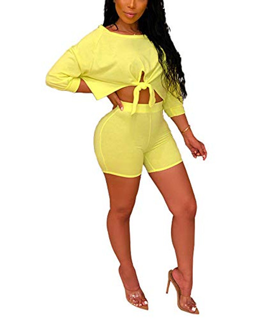 Womens Sexy Two Piece Outfits Short Sleeve Crop Top Bodycon Short Pants Set Clubwear