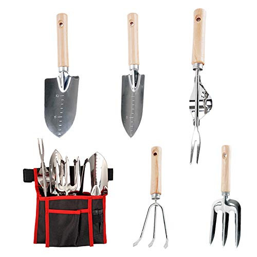 BOONFAN Garden Tool Set, 5 Pieces Stainless Steel Heavy Duty Gardening Kit with Wooden Handle and Waist Tote Bag
