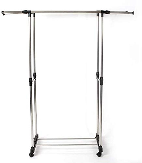 Wintue Stand Clothing Garment Rack with Shoe Shelf Adjustable Rolling Clothes Organizer on Wheels for Hanging Clothes, Stainless Steel (Silver, Dual-bar, Vertically and Horizontally Stretching) Wintue Stand Clothing Garment Rack with Shoe Shelf Adjustable Rolling Clothes Organizer on Wheels for Hanging Clothes, Stainless Steel (Silver, Dual-bar, Vertically and Horizontally Stretching)