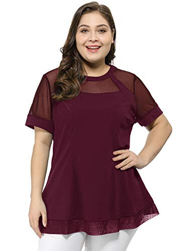Agnes Orinda Women's Plus Size Peplum Tops Round Neck Swing Mesh Lace Top 1X Red