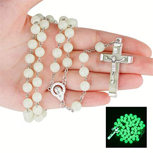 Pingyongchang Glow in The Dark Rosary Luminous Necklace Glow in The Dark Cross Y Necklaces Catholic Round Beads Religious Jesus Crucifix Rosary Chains for Women Girls Men Boy