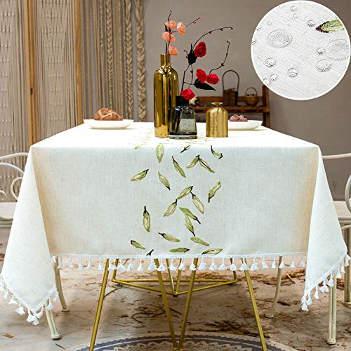 Tablecloth Rectangle Waterproof Washable Table Clothes 55x86 Green Cotton Linen Tassel Tablecloth Wrinkle Free for Dining Table Kitchen Decorations