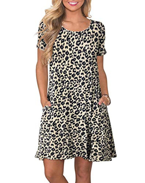 WNEEDU Women's Summer Casual T Shirt Dresses Short Sleeve Swing Dress with Pockets (XL, M Leopard)