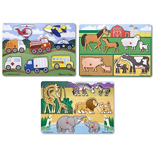 Melissa  and  Doug Wooden Peg Puzzles Set - Farm, Safari, and Vehicles