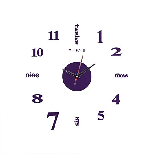 DIY Wall Clock - 3D Mirror Surface Wall Stickers Clock - Roman Numerals Clock Frameless Mirror Surface Wall Sticker Clock - for Home Office Living Room Bedroom Decor (Purple)