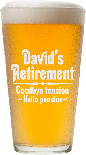 PERSONALIZED Retirement Gift Beer Glass for Men, Goodbye Tension, Hello Pension 16 oz Pint Glass - PG16_Custom