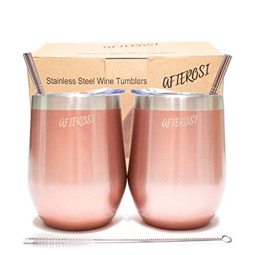 2 PACK 12oz Insulated Stainless Steel Tumbler, with Closable Lids, Straws and FREE gift. Double Wall Insulated Stemless SST wine glass. Great for Hot and Cold drinks. Afierosi Rose Gold Wine Tumbler.