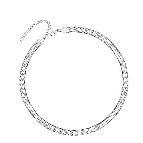 Turandoss Silver Herringbone Necklaces for Women - 14K Silver Plated 6mm Flat Herringbone Choker Chain Snake Necklace Silver Necklaces for Women 14