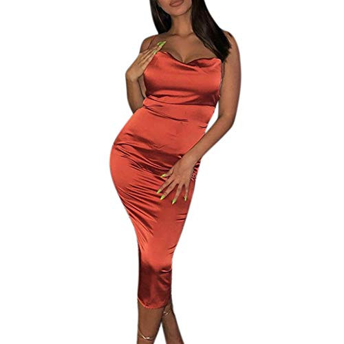 JUMISEE Women Neon Satin Sexy Bodycon Elegant Backless Long Midi Dress for Cocktail Party Clubwear (Coral,Small)