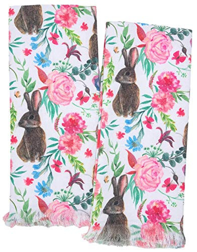 Ladinne Easter Kitchen Towels, Set of 2 Garden Flower Easter Bunnies Dish Towels for Baking, Cooking, Easter Decoration, Spring Kitchen Decor, Easter Kitchen Towels, Easter Hand Towels