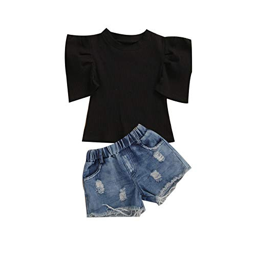 Baby Girl Denim Shorts Set Floral Ruffle Sleeve Shirt Top Dress Ripped Shorts Kids Toddler Summer Outfits (G-Black, 2-3T)