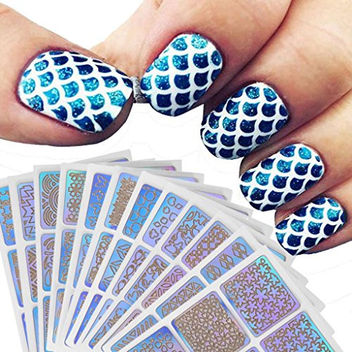 Staron 12 Sheets Nail Stencils Stickers Hollow Irregular Grid Stencil Reusable Manicure Stickers Stamping Template for Nail Art Design (Colorful)