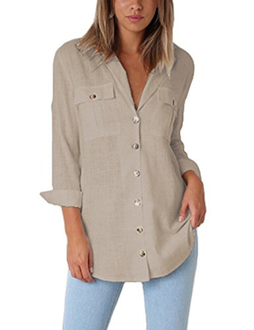 GRAPENT Women's Casual Loose Roll-up Sleeve Blouse Pocket Button Down Shirts Tops XL?US 16-18? Khaki