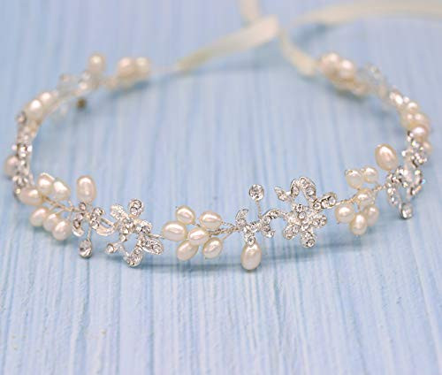 Ammei Silver Luxury Bridal Headbands With Genuine Freshwater Pearls Hair Vines Wedding Headpieces For Bride Bridesmaids Prom Hair Accessories With Ivory Ribbons