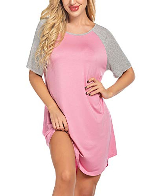 Ekouaer Sleepwear Boyfriend Style Nightshirt Cotton Nightgown Casual Lounger Dress Large Pink