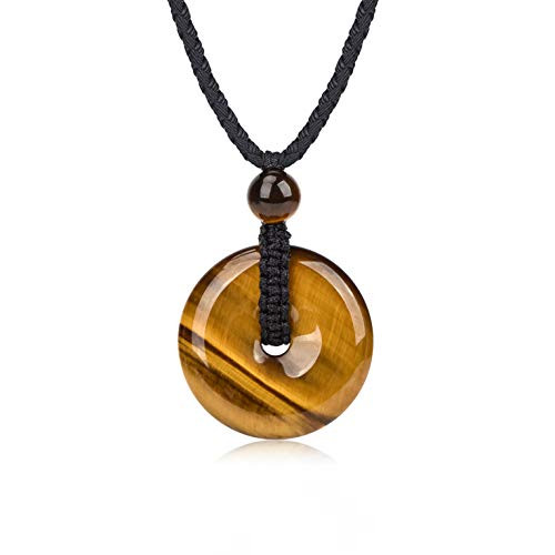 COLORFEY Tiger Eye Stone Pendant Necklace - Round Gemstone Tiger Eye Pendant Healing Energy Stone Pendant Chakra Necklace Adjustable 27"