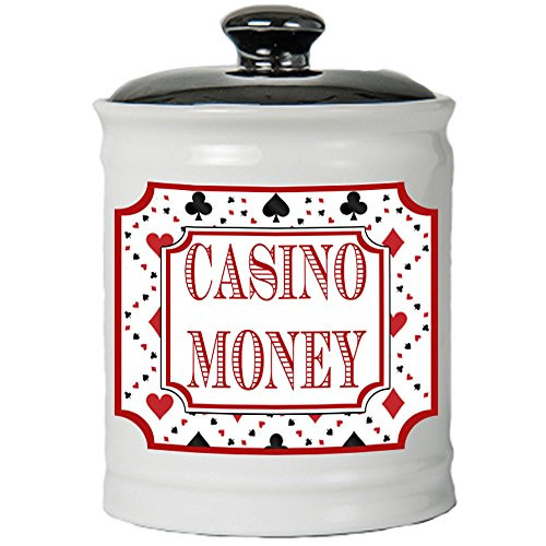 Cottage Creek Piggy Bank, Casino Money Coin Bank, Round Ceramic Slots Jar with Black Lid, Gambling and Vegas Money Bank -White-