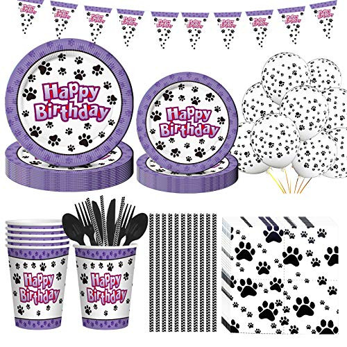 110PCS Dog Party Supplies, PartyBloom Dog Disposable Tableware with Dog Plates Cups Napkins Serves 10 for Dog Birthday Theme Party Decorations
