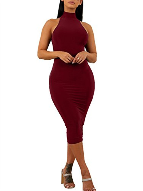 GOBLES Women's Sexy Halter High Neck Elegant Sleeveless Bodycon Midi Club Dress Wine Red