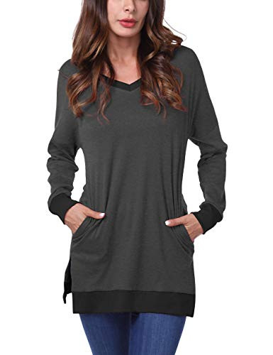 DJT FASHION Women's Long Sleeve Side Split Pullover Tunic Tops M Dark Grey-Black