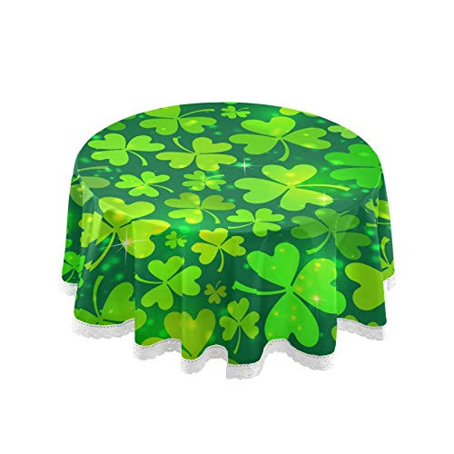St Patrick's Day Clover Shamrock Tablecloth Lucky Leaves Spring Green Round Tablecloths Circular Table Cloths Cover Washable Polyester Tabletop Runner for Kitchen Party Picnic Dining Decor 60 inch