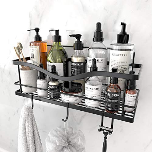 KINCMAX Shower Caddy Basket Shelf with Hooks, Caddy Organizer Wall Mounted Rustproof Basket with Adhesive, No Drilling, 304 Stainless Steel, Storage Rack for Bathroom Shower Kitchen -Black