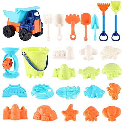 Beach Sand Toys For Kids - 26 PCS Sand Castle Toys for Beach, Snow Toys Sandbox Toys with Truck, Water Wheel, Sand Bucket with Sifter, Shovels, Rakes, Animal Castle Molds in Mesh Bag,Kids Outdoor Toys