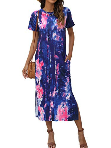Naggoo Women's Short Sleeve Split Maxi Dress Casual Plain Tie Dye Print Tshirt Long Dresses with Pockets