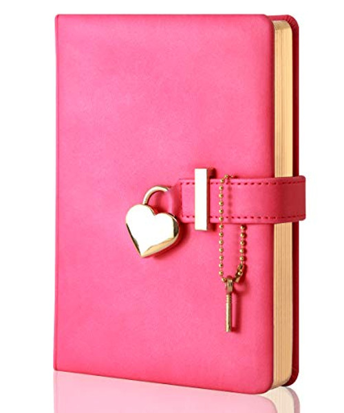 CAGIE Heart-Shaped Lock Diary with Key, Leather Journal Diary with Lock for Girls, B6 Cute Locking Journals for Kids, 5.3 x 7 Inch, Fuscia