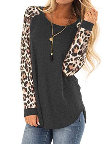 Halife Womens Leopard Print Round Neck Long Sleeve Tops Casual Loose Fit Tunic Shirt Blouse Deep Grey M