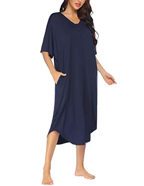DREZZED Sleepwear Women's Casual V Neck Nightshirt Short Sleeve Long Plus Size Nightgown Navy Blue L DREZZED Sleepwear Women's Casual V Neck Nightshirt Short Sleeve Long Plus Size Nightgown Navy Blue L