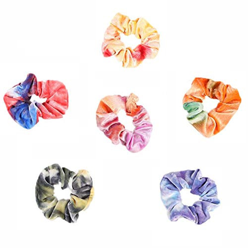 6Pcs Gradient Velvet Hair Scrunchies Tie Dye Rainbow Scrunchie Elastic Hair Bands Hair Ties Ropes Hair Bobbles Ponytail Holder Hair Accessories for Women Ladies Girls (Color Random)