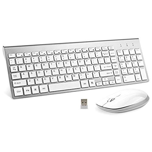 Wireless Keyboard and Mouse Combo, FENIFOX USB Slim 2.4G Full Size Ergonomic Compact with Number Pad for Laptop Mac PC Computer Windows -Silver White (Renewed)
