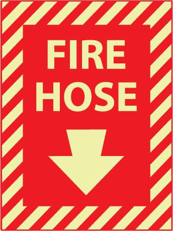NMC GL18R FIRE HOSE Sign  9 in. x 12 in. 6 Hour Glow Rigid Plastic Fire Safety Sign with Down Arrow Graphic, Red on Glow Yellow