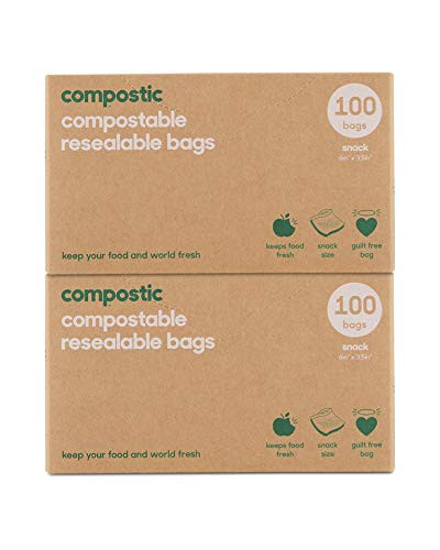 Compostic Home Compostable Resealable Snack Bags - Eco Friendly, Reusable, Zero Waste, Non-Toxic, Guilt-Free - Plastic Alternative for Earth Friendly Food Storage - (6"x3.5") 100 Bags (2 Pack)