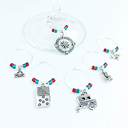 Camping Wine Charms - Set of 6 Silver Wine Glass Charms - Unique Wine Tags, Camping Themed Gifts Camping Wine Charms - Set of 6 Silver Wine Glass Charms - Unique Wine Tags, Camping Themed Gifts