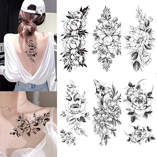 Large Flower Temporary Tattoos Stickers 6Sheets Black Flowers Temporary Tattoo Decals for Women Girls Body Art Realistic Floral Fake Tattoos Body Arm Chest Art Sketch Tattoo Dark Series Tattoo