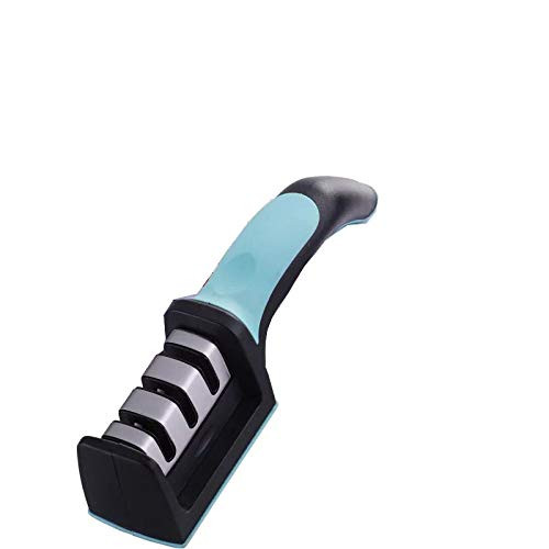 3 Stage Knife Sharpener for Straight and Serrated Knives, Kitchen Manual Stainless Steel Knife Sharpener Helps Repair, Restore and Polish Blades (Blue)