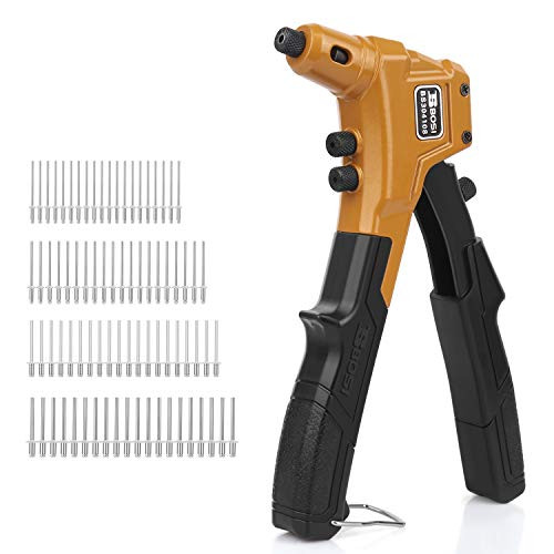 Rivet Gun, One Hand Riveter Kits with 4 Interchangeable Nosepieces, 4 in 1 Rivet Tools with 80pcs Rivets BOSI TOOLS BS304108