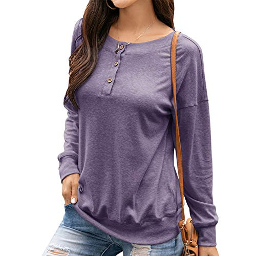 Women's Round Neck Long Sleeve Henley Shirts Button Down Tunic Pullover Top Purple L