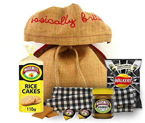 Marmite Peanut Butter Hamper with Marmite Potatos Walkers, Rice Cakes, Biscuits and Marmite Hearts. All packed in a Basically British Burlap Gift Bag.