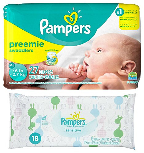 Diaper / Baby Wipe Travel Pack - Includes Pampers Swaddlers Preemie (27 count) and Sensitive Wipes Resealable Container (18 count)
