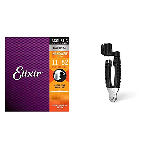 Elixir Strings 80/20 Bronze Acoustic Guitar Strings w NANOWEB Coating, Custom Light (.011-.052)  and  D'Addario Accessories, 0 Guitar String Winder, Black, 0 (DP0002)