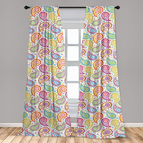Ambesonne Paisley Curtains, Colored Patterned Backgrounded with Old Paisley Flowers and Circles Artwork, Window Treatments 2 Panel Set for Living Room Bedroom Decor, 56" x 63", Magenta Yellow