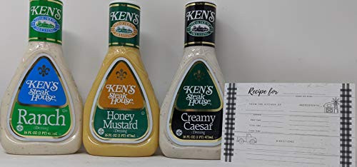 Kens Steak House Dressing Bundle - 3 Bottles of Kens Salad Dressing, Kens Ranch, Kens Honey Mustard, and Kens Creamy Caeser, Bundled with JFS Recipe Card
