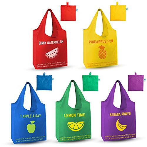 Reusable Grocery Bag Large - Made from Recycled Plastic. Washable, Waterproof, Heavy Duty, Lightweight, Colorful, Extra Large, 65LBS. Pack of 5 Foldable Into Pouch. Reusable Shopping Bags for Groceries with Cute, Fun, Design, Fruits, Eco-Friendly Gif