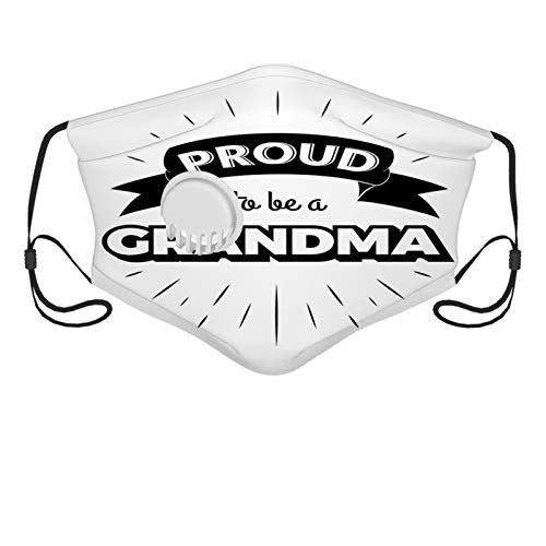 Grandma, Inspirational Words with a Banner and Abstract Short Lines Monochrome Illustration,Black White Windproof Face Mask,Reusable,Washable Cloth,Face Cover,Cover for Men Women