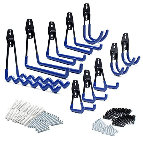 Garage Hooks Wall Mount Heavy Duty Steel Garage Storage Utility Double Hooks, Tool Hangers for Organizing Power Tools, Ladders, Bike,Snowboard and More Blue 10 Pack Garage Hooks Wall Mount Heavy Duty Steel Garage Storage Utility Double Hooks, Tool Hangers for Organizing Power Tools, Ladders, Bike,Snowboard and More Blue 10 Pack